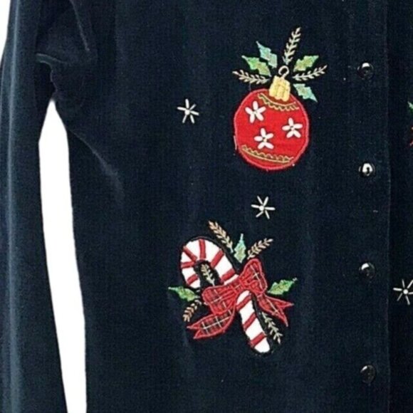 Victoria Jones Christmas Cardigan Sweater Black Velour Applique Holiday Medium - Picture 5 of 10